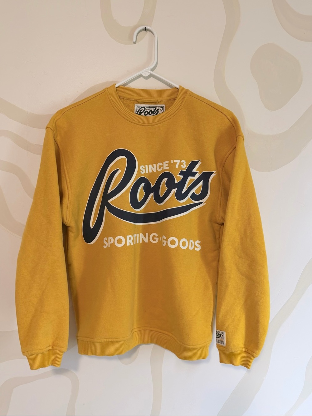 Roots Women’s Mustard Yellow Crewneck Sweatshirt with Navy Logo